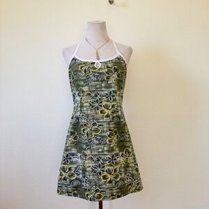 Sideout Y2K Hawaiian Halter Mini Dress Olive Green Tropical Floral Size 11
